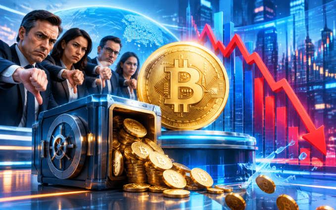 An AI-generated image showing worried business people pointing at a Bitcoin vault with coins spilling out, while a red downward arrow and declining charts illustrate a cryptocurrency market crash.