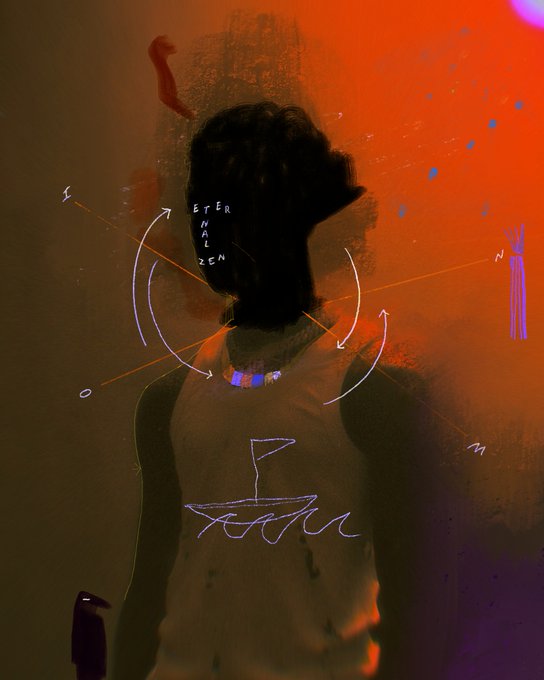 An artistic digital painting of a silhouetted figure against a red-orange background with handwritten text including 'ETER HAL REN' on the face and abstract drawn symbols like arrows and circles surrounding the figure.