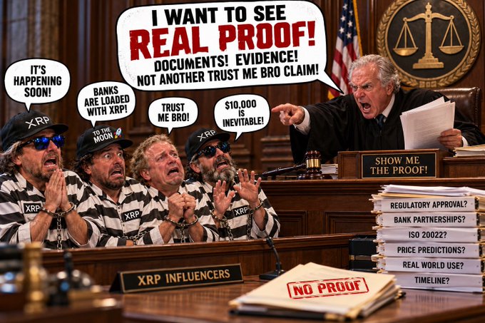 A courtroom meme showing men in XRP-labeled prison stripes pleading with claims like "BANKS ARE LOADED WITH XRP" and "$10,000 IS INEVITABLE," while a judge demands "REAL PROOF! DOCUMENTS! EVIDENCE!" with a stack of folders labeled with topics like "REGULATORY APPROVAL?" and a file marked "NO PROOF."