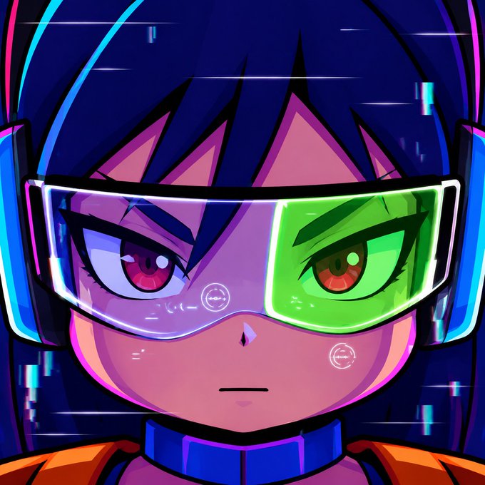 A close-up anime-style portrait shows a character with blue hair wearing large glowing headphones and futuristic glasses with purple and green lenses.