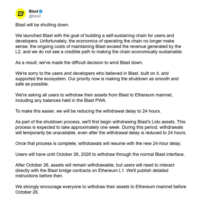 Official X post from Blast (@blast) announcing the shutdown of the Ethereum Layer 2 network Blast, citing unsustainable operating costs. The post asks users to withdraw assets to Ethereum mainnet before October 26, 2026, and mentions a one-week process to withdraw Blast's Lido assets.