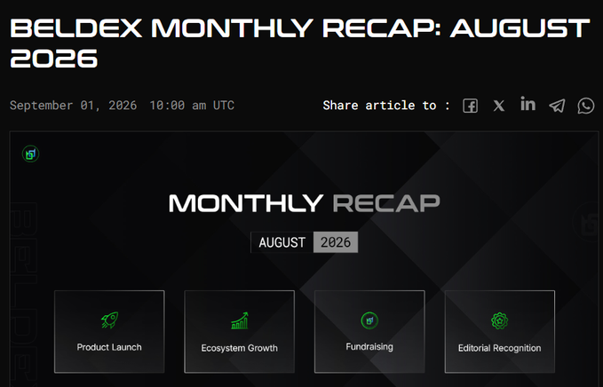 A Beldex Monthly Recap for August 2026 article banner with four categories: Product Launch, Ecosystem Growth, Fundraising, and Editorial Recognition.