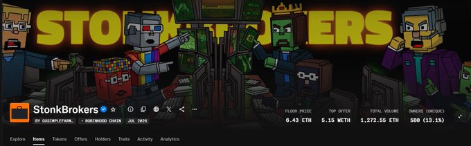 An NFT collection banner for 'StonkBrokers' by OXSIMPLEFARM on the ROSE/WOO8 CHAIN (Jul 2025), featuring pixel-art characters and stats: floor price 6.43 ETH, top offer 5.15 ETH, total volume 1,272.55 ETH, and 580 owners (13.1%).