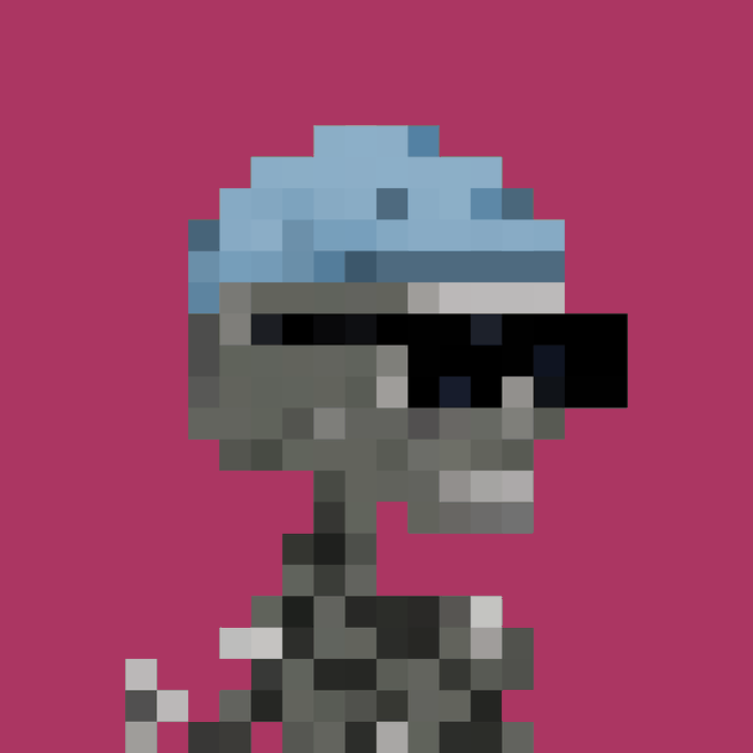 Pixel art of a character with dark sunglasses and a blue/white head covering on a pink background.