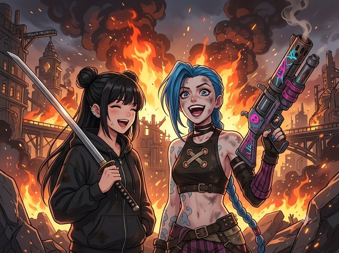 An anime-style illustration of two female characters, one with a katana and another with a large sci-fi gun, laughing together against a backdrop of a burning city.