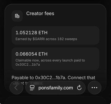 The image shows a "Creator fees" dashboard displaying 1.052128 ETH earned by $GARRI across 182 sweeps and an additional 0.066054 ETH claimable across every launch, payable to address 0x30C2...1b7a. This visually confirms the post's claim of earning roughly 1 ETH in creator fees from $GARRI-related content, with the wallet address supporting the requirement to hold $GARRI for eligibility.