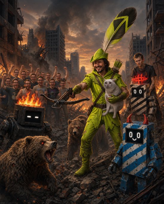 A victorious green-clad archer (Robin Hood-style) stands amid apocalyptic ruins holding a white cat and crossbow, flanked by menacing bears, a smiling man seated on a robotic barrier displaying "00" and red devil horns, and a fiery-eyed robot, while a cheering crowd of viewers watches in the burning cityscape background—imagery celebrating Robinhood's ("RH") arrival, referencing @beeple and the launch of RH Machines.