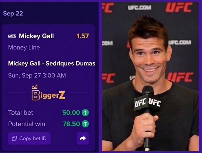 A BiggerZ betting interface showing an MMA bet on Mickey Gall vs Sedriques Dumas scheduled for Sun, Sep 27, with a $50 total bet and $78.50 potential win.