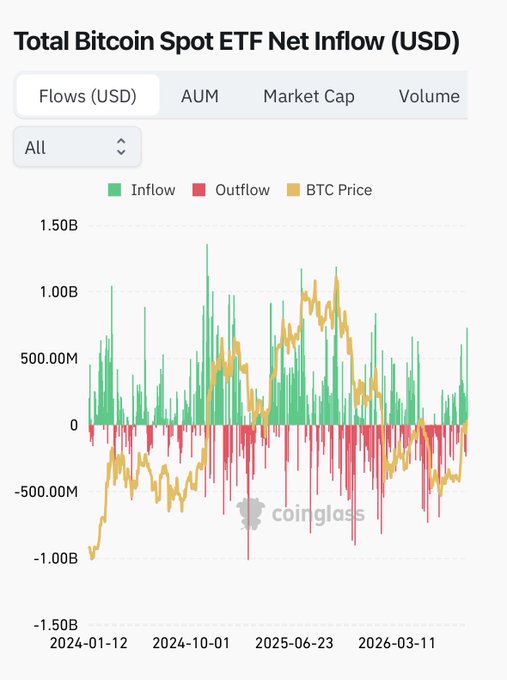 Coinglass chart titled "Total Bitcoin Spot ETF Net Inflow (USD)" showing inflows (green) and outflows (red) bars overlaid with BTC price (yellow line) from January 2024 to March 2026.