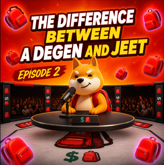 A promotional graphic with the text 'THE DIFFERENCE BETWEEN A DEGEN AND JEET - EPISODE 2', featuring a Shiba Inu dog mascot at a podcast microphone in a fighting ring surrounded by red backpacks and dollar signs.