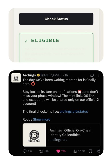 A screenshot showing an 'ELIGIBLE' status from a 'Check Status' button, alongside a tweet from @ArclingsNFT announcing the arclings.art/status checker is live for their Official On-Chain Identity Collectibles.
