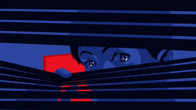 An anime-style illustration showing a character's blue eyes peering through horizontal dark slats or blinds, with a red light glowing behind them.