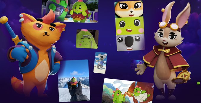The image features two animated characters — an orange fox-like creature holding a staff and a rabbit in a red coat with goggles — alongside various app screens displaying cute mascots, including a green dinosaur and a koala. This ties directly to the post's message about how Sleepagotchi's adorable characters (like Dino) serve as key assets to retain users beyond initial tech-driven interest.