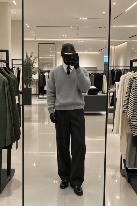 A person takes a mirror selfie inside a minimalist clothing store, wearing a gray v-neck sweater over a white collared shirt with a black tie, paired with wide-leg black trousers, black gloves, and a black helmet with a glowing visor.

The cyberpunk-inspired outfit pairs perfectly with the "TOO LATE FOR A GM? HAPPY MONDAY CT" post, as the helmet's glowing visor and futuristic all-black ensemble create a dystopian "morning-after" aesthetic that feels more sci-fi than Monday morning casual.