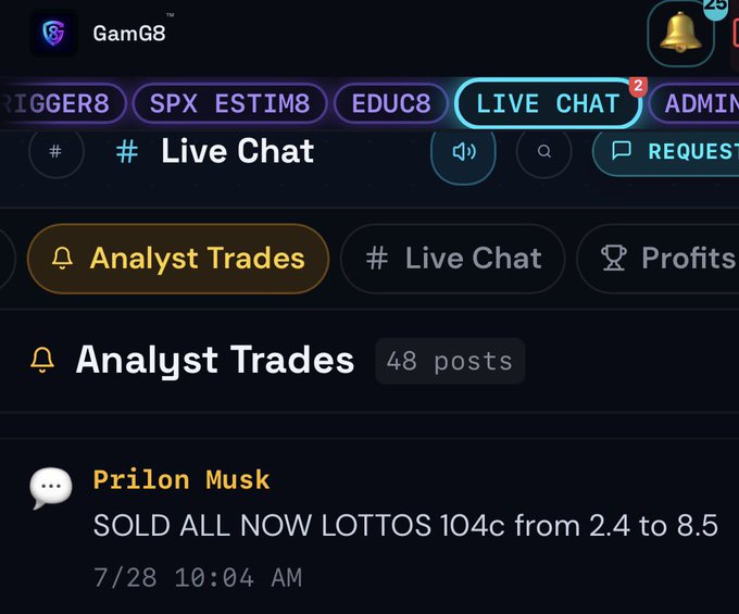 A screenshot of the GamG8 app's "Analyst Trades" chat room shows a message from user "Prilon Musk" at 7/28 10:04 AM reading "SOLD ALL NOW LOTTOS 104c from 2.4 to 8.5," confirming the $NOW 104c position was exited after running from 2.4 to 8.5.