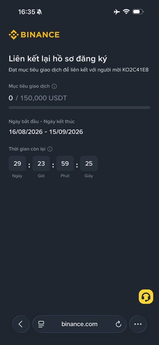 The image shows a Binance promotional page in Vietnamese titled "Liên kết lại hồ sơ đăng ký" (Re-link registration profile), offering a referral bonus tied to trading goals with a target of 150,000 USDT and a countdown timer showing 29 days remaining. The referral code visible is "KO2C41E8," which aligns with the post's instruction for users to successfully add the referral to earn a 50 USDT reward.
