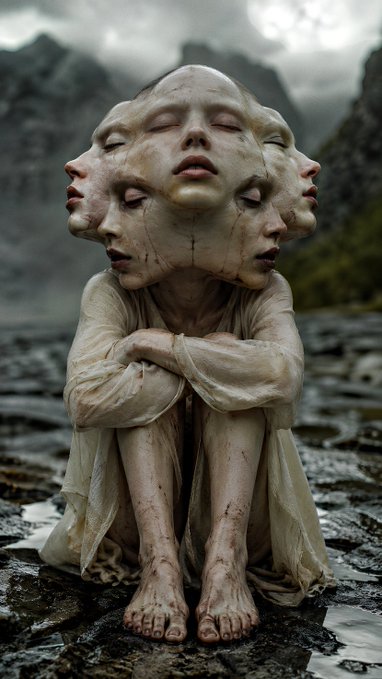 A surreal digital artwork of a figure with multiple faces/heads fused together, sitting with knees drawn up in a misty, mountainous landscape, wearing tattered clothing.