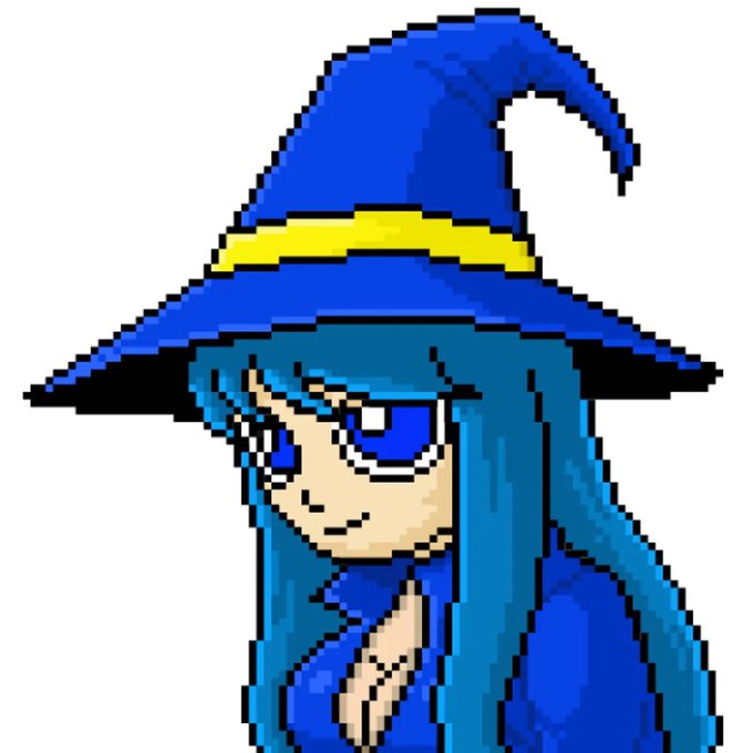 A pixel art illustration shows an anime-style witch character with blue hair wearing a large blue pointed hat with a yellow band, looking downward with a slight smile.