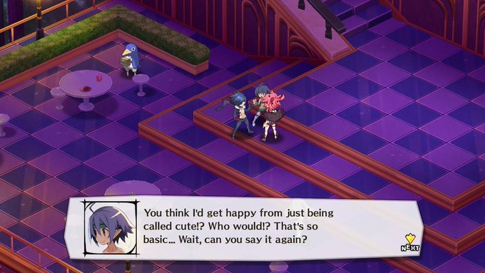 A screenshot from a video game showing two anime-style characters in a purple-tiled room, with a dialogue box reading: "You think I'd get happy from just being called cute!? Who would!? That's so basic... Wait, can you say it again?" with a "NEXT" prompt.