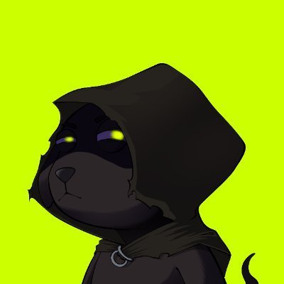 A hooded black dog character with glowing green eyes is depicted against a bright green background, fitting the mysterious vibe of a crypto giveaway where users are asked to drop their EVM wallet for a GTD spot.