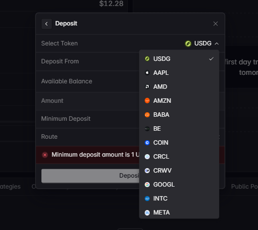 A 'Deposit' window on a crypto platform showing a dropdown menu for selecting tokens, with USDG selected and options including AAPL, AMD, AMZN, BABA, BE, COIN, CRCL, CRWV, GOOGL, INTC, and META visible.