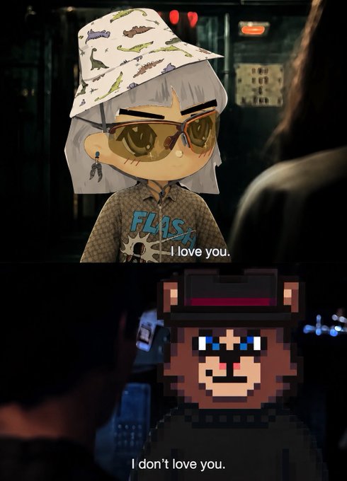 A two-panel meme image: the top shows an animated character saying 'I love you.' and the bottom shows a pixel art bear character responding 'I don't love you.'