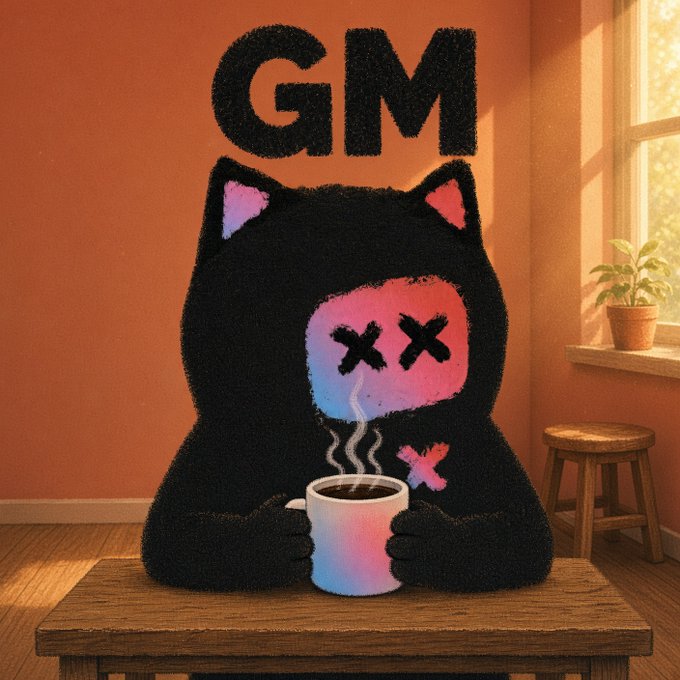 A stylized, textured illustration of a black cat-like character with glowing pink "X" eyes sitting at a wooden table. The character is holding a steaming white mug, with the large letters "GM" displayed on the orange wall behind it.
