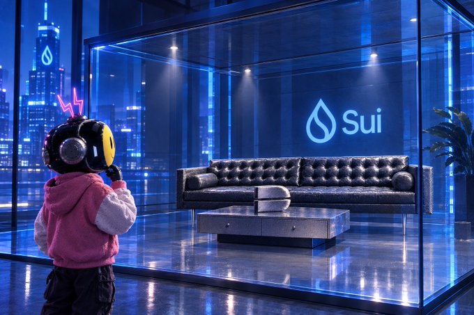 An animated character wearing headphones and a pink jacket stands in a modern glass room with a 'Sui' logo displayed on the wall behind a black leather sofa.