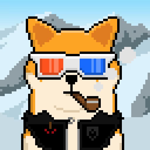 Pixel art illustration of an orange cat character wearing 3D glasses (one red, one blue) and smoking a pipe, set against a sky background with diagonal lines.