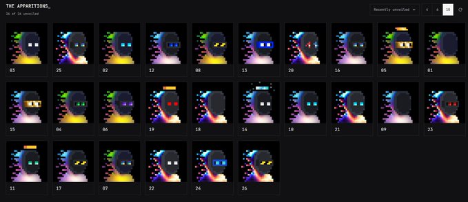 A grid of 26 pixelated ghost-like characters labeled "THE APPARITIONS_" (26 of 26 unveiled), each with unique glowing eyes and color schemes against dark backgrounds, representing the complete NFT collection that accompanied the burn of 676 Snarks totaling approximately $500,000.