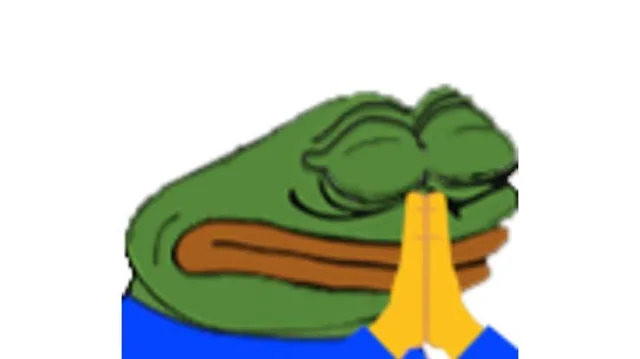A simple cartoon illustration of the Pepe the Frog meme character with his hands clasped together in a praying gesture.