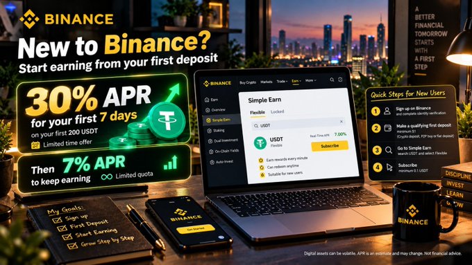 The image is a Binance promotional graphic advertising a "New to Binance?" offer that provides up to 30% APR on the first 7 days for new users' initial 200 USDT deposit, followed by 7% APR to keep earning, alongside a laptop displaying the Simple Earn interface and four quick onboarding steps. It visually supports the post by illustrating the limited-time 30% Bonus Tiered APR offer for new users subscribing to Simple Earn Flexible USDT.