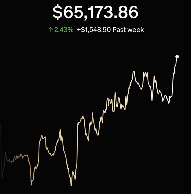 Bitcoin price chart displaying $65,173.86 with a 2.43% increase ($1,548.90) over the past week, showing an upward trending line graph.