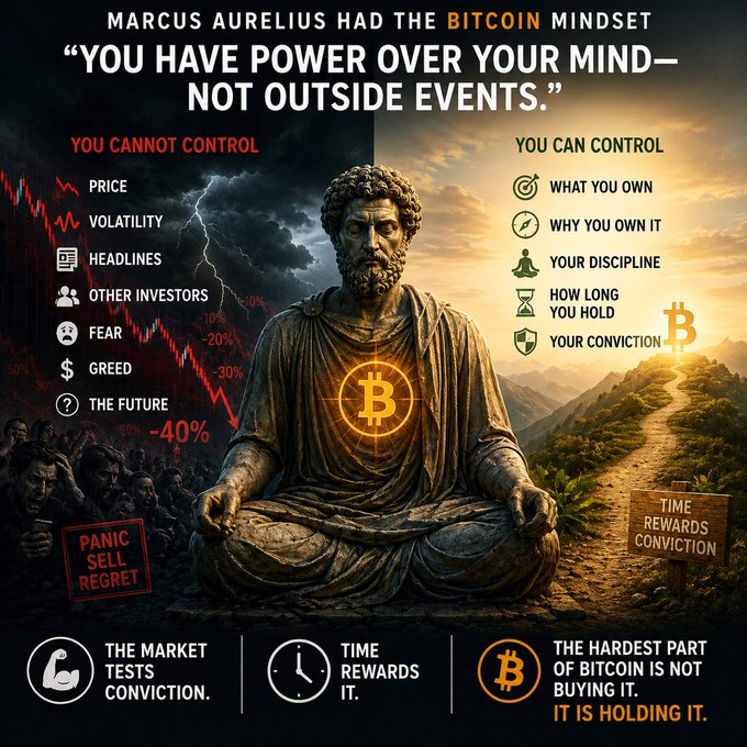An inspirational graphic featuring a meditating statue of Marcus Aurelius split between a stormy market crash scene ("You Cannot Control: Price, Volatility, Headlines, Other Investors, Fear, Greed, The Future") and a serene Bitcoin sunrise ("You Can Control: What You Own, Why You Own It, Your Discipline, How Long You Hold, Your Conviction"), with bottom text reinforcing the message "The Market Tests Conviction. Time Rewards It. The Hardest Part of Bitcoin Is Not Buying It. It Is Holding It." The image visually illustrates the Stoic philosophy applied to Bitcoin investing—contrasting external chaos with internal discipline and conviction in holding $BTC.
