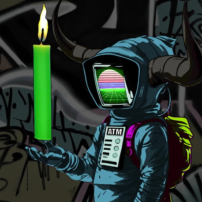 A stylized illustration of a figure in a blue hazmat suit with horns, a retro sunset visor, and an ATM keypad on its chest, holding a green candle against a graffiti-covered background.