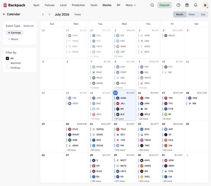 A cryptocurrency earnings calendar on the Backpack exchange for July 2026, showing various token unlock events (AVAV, NXE, GIS, ASML, TSLA, etc.) organized by date with their respective monetary values.