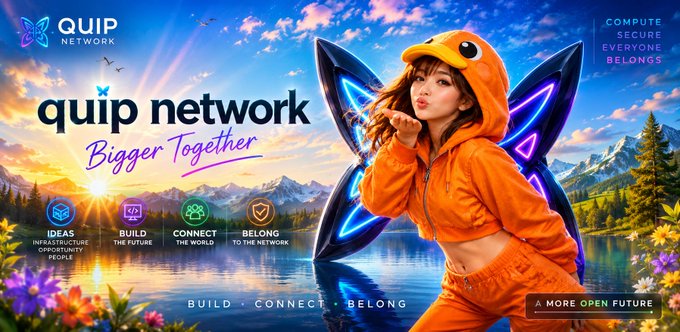 An advertisement for 'QUIP NETWORK' features a woman in an orange hoodie with neon butterfly wings, with text reading 'Bigger Together', 'IDEAS INFRASTRUCTURE OPPORTUNITY PEOPLE', 'BUILD THE FUTURE', 'CONNECT THE WORLD', 'BELONG TO THE NETWORK', and 'BUILD • CONNECT • BELONG'.