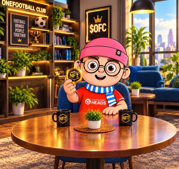 A cartoon character wearing a pink beanie and red 'OneFootball Heads' shirt holds up an 'NFT' coin while sitting at a wooden table with two matching 'NFT' mugs in a club-themed room with 'ONEFOOTBALL CLUB' and '$OFC' signage.