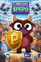 The image shows a cartoon bull mascot holding a "P" shield in front of a cheering crowd, with "$PEPO" and "SOLANA" text visible on stadium-style signage, evoking a lively crypto trading atmosphere. The imagery of a "bullish" mascot amid excited spectators visually reinforces the post's warning about the public, spectacle-like nature of Solana transactions, where onlookers can track and exploit traders' moves.