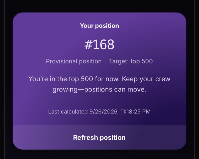 A purple card displays your waitlist position as "#168" with the message "You're in the top 500 for now. Keep your crew growing—positions can move," confirming the user's #168 ranking toward the top 500 target for the $JUMP sale.