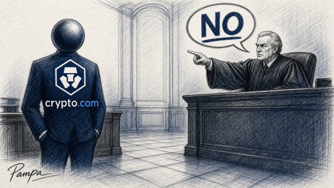 A sketched courtroom scene shows a figure with the "crypto.com" logo on their back facing a judge who emphatically points and declares "NO" in a speech bubble, illustrating the Ninth Circuit's ruling against Crypto.com's derivatives arm.