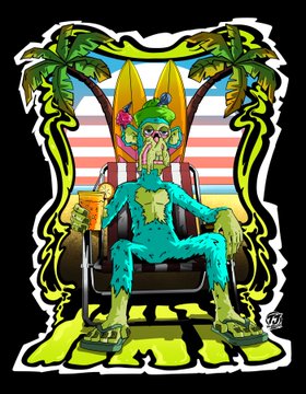 A colorful illustration depicts a green zombie-like character wearing a red floral headpiece, lounging on a chair holding a drink and cane, framed by tropical leaves and American flag stripes.