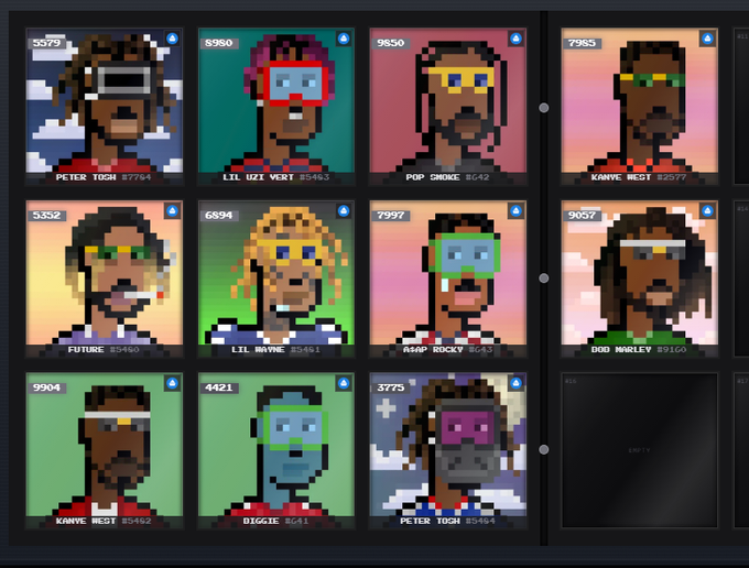 A grid of 12 pixel-art portraits, primarily resembling Kanye West in various styles with names like PETER TOCH, LIL UZI VERT, POP SMOKE, KANYE WEST, FUTURE, LIL WAYNE, ASAP ROCKY, and DOD MORLEY, each with associated numbers.