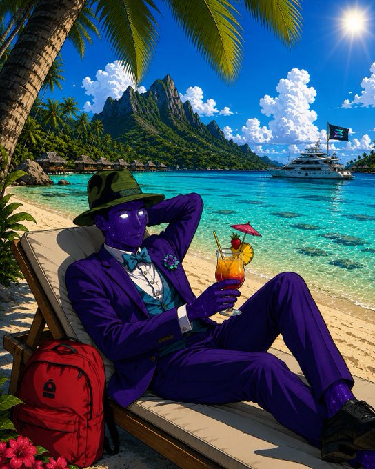 An illustration of a purple-skinned humanoid figure in a purple suit and green fedora relaxing on a beach chair with a cocktail, set against a tropical island backdrop.