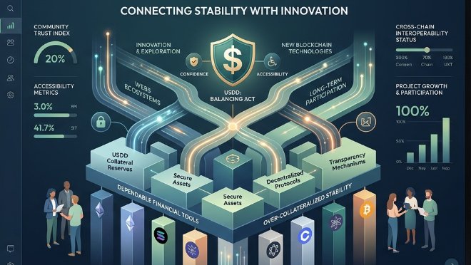 An infographic titled 'CONNECTING STABILITY WITH INNOVATION' centered on the USDD Balancing Act, showing metrics like Community Trust Index, Accessibility Metrics, and Cross-Chain Interoperability Status.