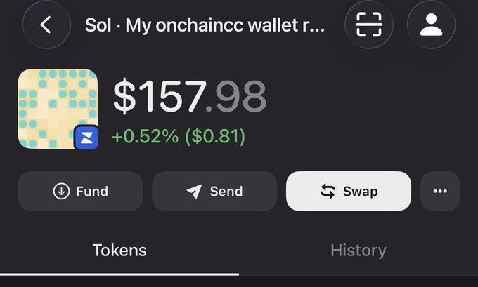 A screenshot of a mobile crypto wallet interface showing a balance of '$157.98' (+0.52% / $0.81) for a Solana wallet labeled 'Sol · My onchaincc wallet r...', with Fund, Send, and Swap options.