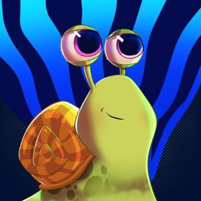 A colorful digital illustration of a cartoon snail with large purple eyes on tall stalks and an orange spiral shell, set against a wavy blue background.