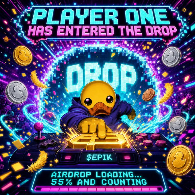 A pixelated duck in a hoodie slams a giant "GO" button on a retro arcade console, surrounded by flying coins, with "PLAYER ONE HAS ENTERED THE DROP," "DROP," and an "AIRDROP LOADING... 55% AND COUNTING" progress bar displayed, visually promoting the $EPIK token airdrop referenced in the post.