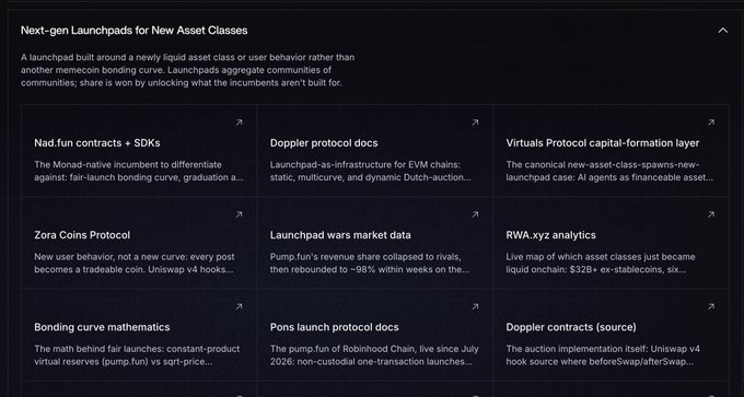 A webpage titled 'Next-gen Launchpads for New Asset Classes' featuring a grid of nine crypto-related project cards including 'Nad.fun contracts + SDKs', 'Doppler protocol docs', 'Virtuals Protocol capital-formation layer', 'Zora Coins Protocol', 'Launchpad wars market data', 'RWA.xyz analytics', 'Bonding curve mathematics', 'Pons launch protocol docs', and 'Doppler contracts (source)'.