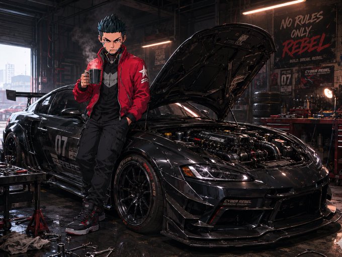 A stylized anime character with spiky dark hair and a red jacket holds a steaming red drink while leaning against a sleek black race car marked "07" and "CYBER REBEL," with a graffiti-style "NO RULES ONLY REBEL" sign on the wall behind them in a gritty garage setting—matching the rebellious, high-energy crypto racing vibe of the @Racerz_eth shoutout.